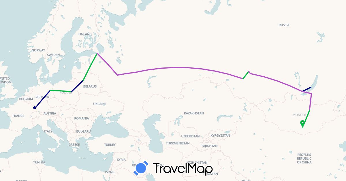 TravelMap itinerary: driving, bus, train in Germany, France, Lithuania, Mongolia, Poland, Russia (Asia, Europe)